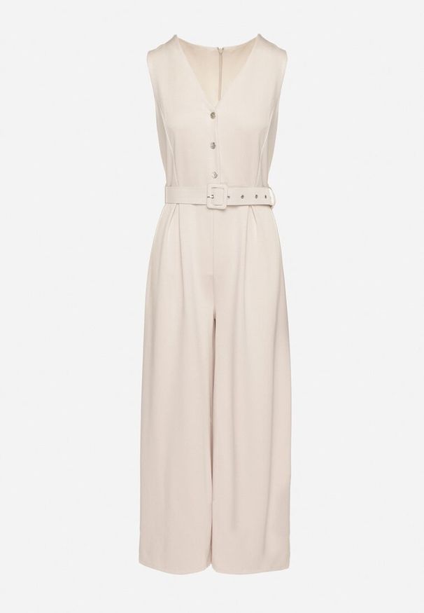 Born2be - Jasnobeżowy Taliowany Kombinezon z Wiskozą Ozdobiony Paskiem Ralinelle. Okazja: na imprezę. Kolor: beżowy. Materiał: wiskoza. Wzór: aplikacja. Styl: elegancki, klasyczny