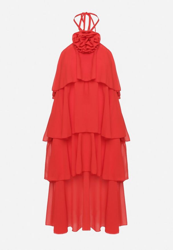 Born2be - Czerwona Sukienka z Falbanami Wiązana na Szyi z Broszką Kwiatem Tinallena. Okazja: na co dzień. Kolor: czerwony. Wzór: kwiaty. Styl: casual