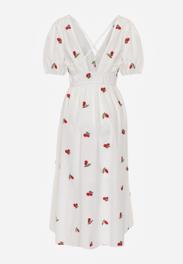 Renee - Biała Rozkloszowana Koktajlowa Sukienka z Bawełny z Gumką w Talii i Haftem z Wisienkami Vimasina. Okazja: na co dzień. Kolor: biały. Materiał: bawełna. Wzór: haft. Typ sukienki: proste. Styl: wizytowy