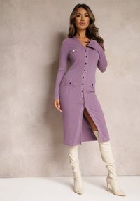 Renee - Fioletowa Sweterkowa Sukienka Midi Ehedga. Kolor: fioletowy. Materiał: tkanina, dzianina. Długość: midi