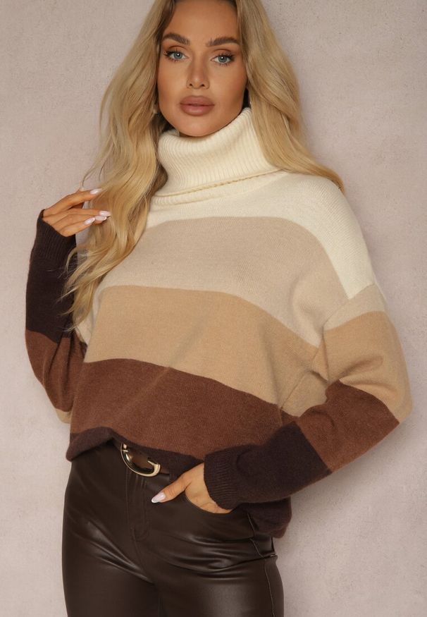 Renee - Beżowy Golf z Kaszmirem i Wiskozą Azinita. Okazja: na co dzień. Typ kołnierza: golf. Kolor: beżowy. Materiał: wiskoza, kaszmir. Wzór: aplikacja. Sezon: zima, jesień. Styl: klasyczny, casual, elegancki