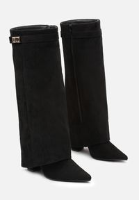 Born2be - Czarne Kozaki na Słupku z Wywiniętą Cholewką Gafsena. Okazja: na co dzień. Kolor: czarny. Materiał: jeans. Szerokość cholewki: normalna. Sezon: wiosna, zima, jesień. Obcas: na słupku. Styl: casual. Wysokość obcasa: średni #5