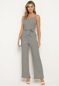 Born2be - Czarno-Biały Kombinezon na Ozdobnych Ramiączkach z Gumką w Pasie i Materiałowym Paskiem Cinna. Kolor: czarny. Materiał: materiał. Długość rękawa: na ramiączkach. Styl: klasyczny #5