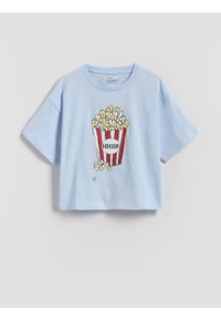 Reserved - Bawełniany t-shirt z nadrukiem - jasnoniebieski. Kolor: niebieski. Materiał: bawełna. Wzór: nadruk