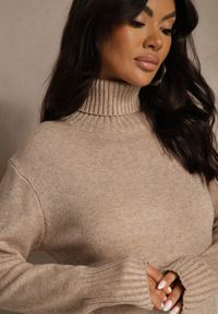 Renee - Beżowa Sweterkowa Sukienka z Bawełną i Golfem Reinaria. Okazja: na co dzień. Typ kołnierza: golf. Kolor: beżowy. Materiał: bawełna. Styl: casual #5