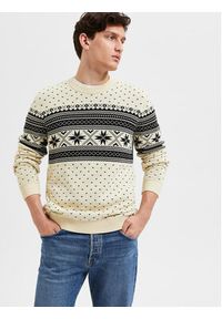 Selected Homme Sweter Claus 16086720 Beżowy Regular Fit. Kolor: beżowy. Materiał: bawełna #3