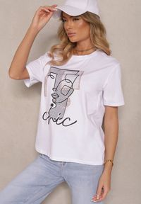 Renee - Biały T-shirt z Bawełny Ozdobiony Cyrkoniami i Nadrukiem Canilea. Okazja: na co dzień. Kolor: biały. Materiał: bawełna. Wzór: aplikacja, nadruk. Styl: klasyczny, casual, elegancki