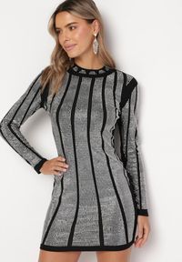 Born2be - Czarno-Srebrna Dopasowana Sukienka Mini w Cyrkonie Upina. Kolor: czarny. Długość: mini #2