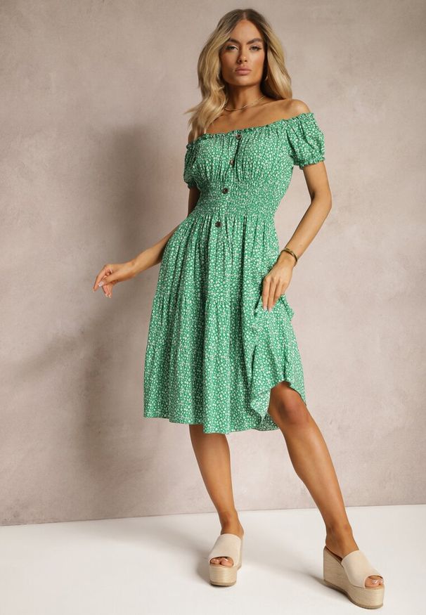 Renee - Zielona Kwiecista Sukienka z Bawełny z Gumkami w Pasie Herata. Kolor: zielony. Materiał: bawełna. Sezon: wiosna