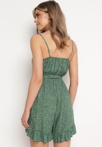 Born2be - Ciemnozielony Bawełniany Kombinezon z Regulowanymi Ramiączkami i Gumką w Pasie z Paskiem Bellasun. Okazja: na co dzień. Kolor: zielony. Materiał: bawełna. Długość rękawa: na ramiączkach. Długość: do kostek. Styl: elegancki, casual #2