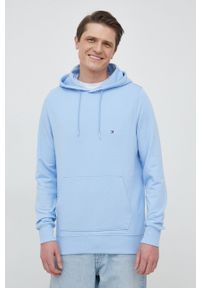 TOMMY HILFIGER - Tommy Hilfiger bluza męska kolor niebieski z kapturem gładka. Typ kołnierza: kaptur. Kolor: niebieski. Materiał: bawełna, materiał. Długość rękawa: długi rękaw. Długość: długie. Wzór: gładki