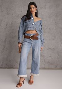 Renee - Niebieskie Jeansy z Bawełną i Koronką przy Nogawkach Neathlin. Okazja: na co dzień, do pracy. Stan: podwyższony. Kolor: niebieski. Wzór: koronka. Styl: casual #3