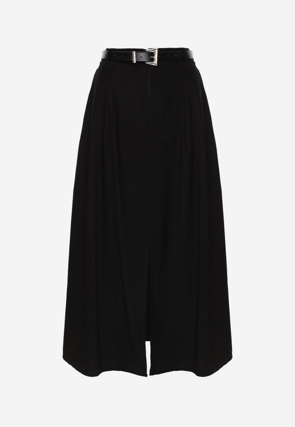 Born2be - Czarna Wiskozowa Spódnica o Rozkloszowanym Kroju z Rozcięciem i Paskiem Jaelia. Okazja: na co dzień, na spotkanie biznesowe, do pracy. Kolor: czarny. Materiał: wiskoza. Styl: casual, biznesowy, elegancki