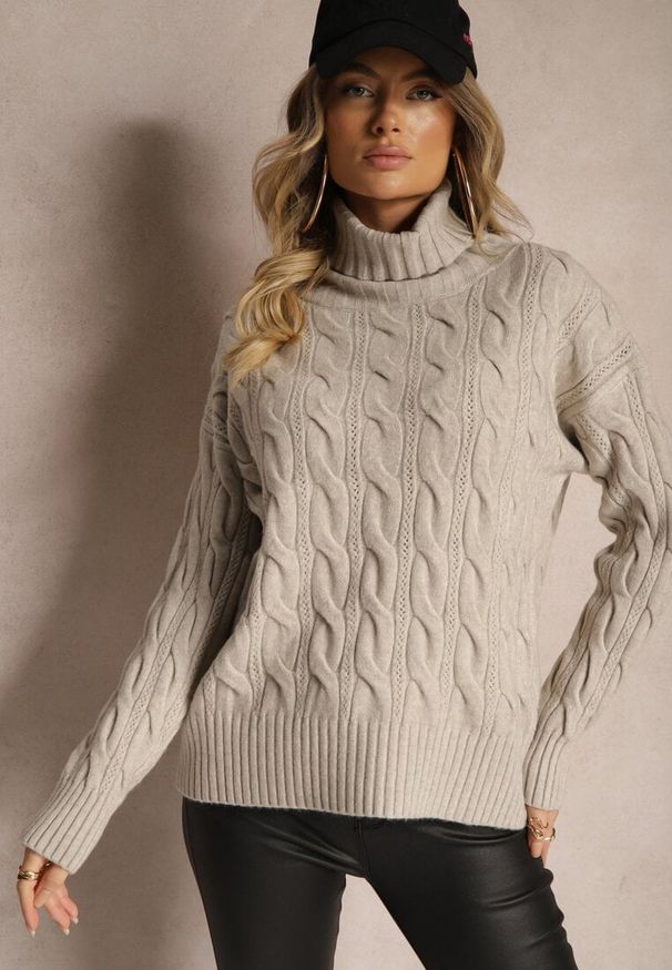 Renee - Szary Golf z Imitacją Splotu ze Ściągaczami Giovarella. Okazja: na spotkanie biznesowe. Typ kołnierza: golf. Kolor: szary. Materiał: jeans. Długość rękawa: długi rękaw. Długość: długie. Wzór: ze splotem. Styl: biznesowy, elegancki