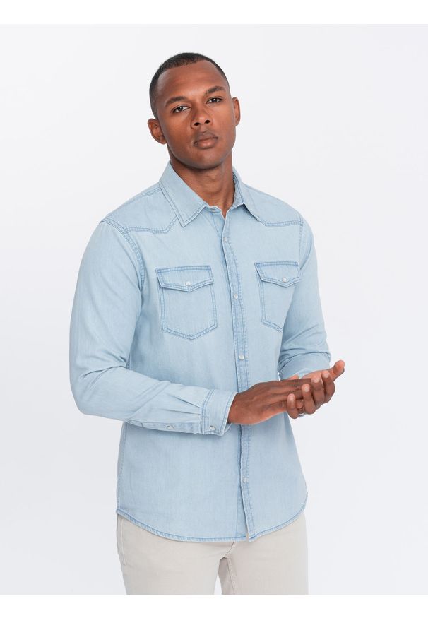 Ombre Clothing - Koszula męska jeansowa na zatrzaski z kieszonkami - jasnoniebieska V1 - Rozmiar: XL. Kolor: niebieski. Materiał: jeans