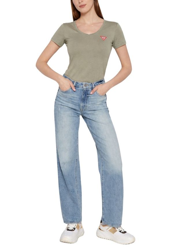 Guess - GUESS Zielony damski t-shirt Mini Triangle, Rozmiar XS. Kolor: zielony