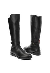 TOMMY HILFIGER - Czarne Kozaki Damskie Tommy Hilfiger Eleganckie Skórzane Buty. Kolor: czarny. Materiał: skóra. Szerokość cholewki: normalna. Wzór: aplikacja. Obcas: na obcasie. Styl: elegancki. Wysokość obcasa: niski #4