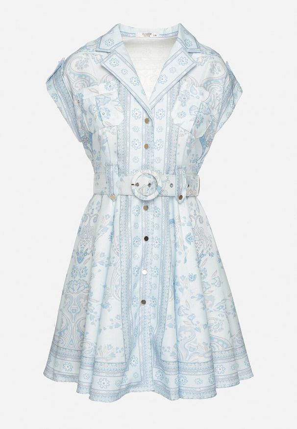 Born2be - Niebieska Wiskozowa Sukienka o Koszulowym Kroju z Paskiem z Klamrą Nitariela. Typ kołnierza: dekolt w kształcie V. Kolor: niebieski. Materiał: wiskoza. Długość rękawa: krótki rękaw. Wzór: kwiaty. Typ sukienki: koszulowe. Styl: elegancki