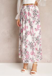 Renee - Biała Spódnica Ozdobiona Plisami z Gumką w Pasie i Elastyczną Podszewką Vislo. Kolor: biały. Wzór: aplikacja. Sezon: lato. Styl: boho