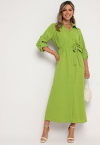 Born2be - Zielona Rozpinana Sukienka Koszulowa z Regulowanymi Rękawami Grimoire. Kolor: zielony. Materiał: tkanina. Typ sukienki: koszulowe #4
