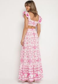 Born2be - Fuksjowa Sukienka w Ornamentny Wzór z Wycięciem Halionea. Okazja: na co dzień. Kolor: różowy. Sezon: lato. Styl: casual #3