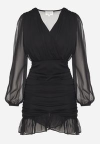 Born2be - Czarna Sukienka z Tiulowymi Rękawami i Marszczeniem Halanelia. Okazja: na co dzień. Typ kołnierza: dekolt kopertowy. Kolor: czarny. Materiał: tiul. Typ sukienki: proste, kopertowe. Styl: elegancki, casual, klasyczny #6