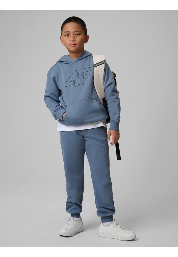 4f - 4F Bluza dresowa regular z kapturem chłopięca - granatowa 146 (10-11 lat). Okazja: na spacer, na co dzień, na uczelnię. Typ kołnierza: kaptur. Kolor: niebieski. Materiał: dresówka. Sezon: lato. Styl: casual