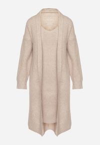 Born2be - Beżowy Komplet Dzianinowy z Wełną Długi Kardigan i Sukienka w Prążki Falandrea. Kolor: beżowy. Materiał: dzianina, wełna. Wzór: prążki #5