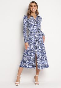 Born2be - Niebiesko-Biała Rozkloszowana Sukienka Midi o Koszulowym Fasonie z Ozdobnym Wzorem Liovia. Kolor: niebieski. Materiał: materiał. Typ sukienki: koszulowe. Styl: klasyczny. Długość: midi #7