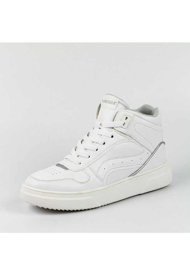 Białe sportowe buty damskie Vinceza 8786 Wt. Kolor: biały. Materiał: skóra. Obcas: na obcasie. Wysokość obcasa: średni