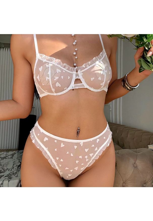 Intica - Komplet bielizny z siateczki z wzorem serc na wyjątkowe okazje Herma. Kolor: biały. Materiał: materiał