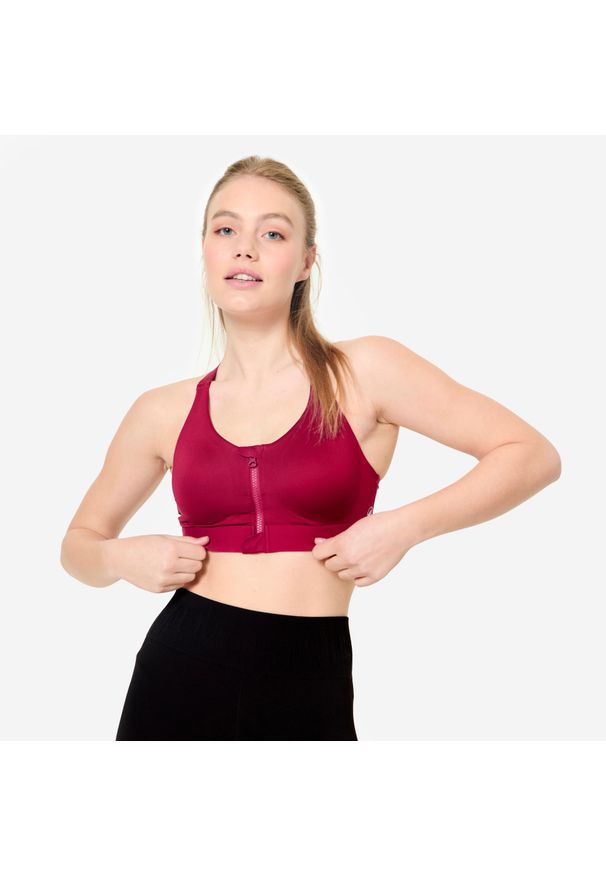 Stanik sportowy Decathlon zip. Kolekcja: plus size. Kolor: fioletowy. Materiał: skóra, materiał, elastan. Długość rękawa: na ramiączkach. Sport: fitness