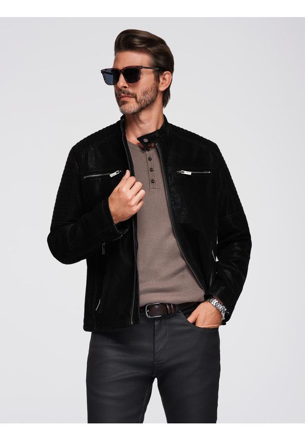 Ombre Clothing - Kurtka męska biker ze stójką w stylu retro – czarna V2 - Rozmiar: XXL. Typ kołnierza: kołnierzyk stójkowy. Kolor: czarny. Materiał: materiał, poliester, skóra. Styl: retro