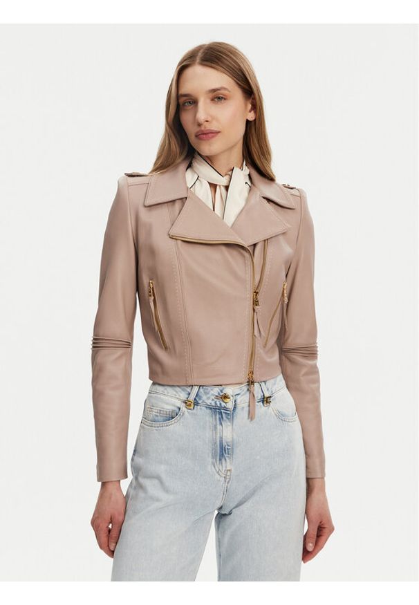 Elisabetta Franchi Kurtka skórzana GD-47Z-51E2-V1200 Beżowy Regular Fit. Kolor: beżowy. Materiał: skóra