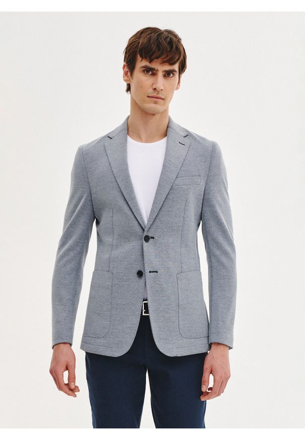 Pako Lorente - PAKO LORENTE - Niebieska marynarka z dzianiny. Kolor: niebieski. Materiał: dzianina. Sezon: wiosna