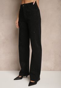 Renee - Czarne Szerokie Jeansy z Bawełną High Waist z Cyrkoniami Aslevia. Okazja: na co dzień. Stan: podwyższony. Kolor: czarny. Wzór: aplikacja. Styl: casual, elegancki #4