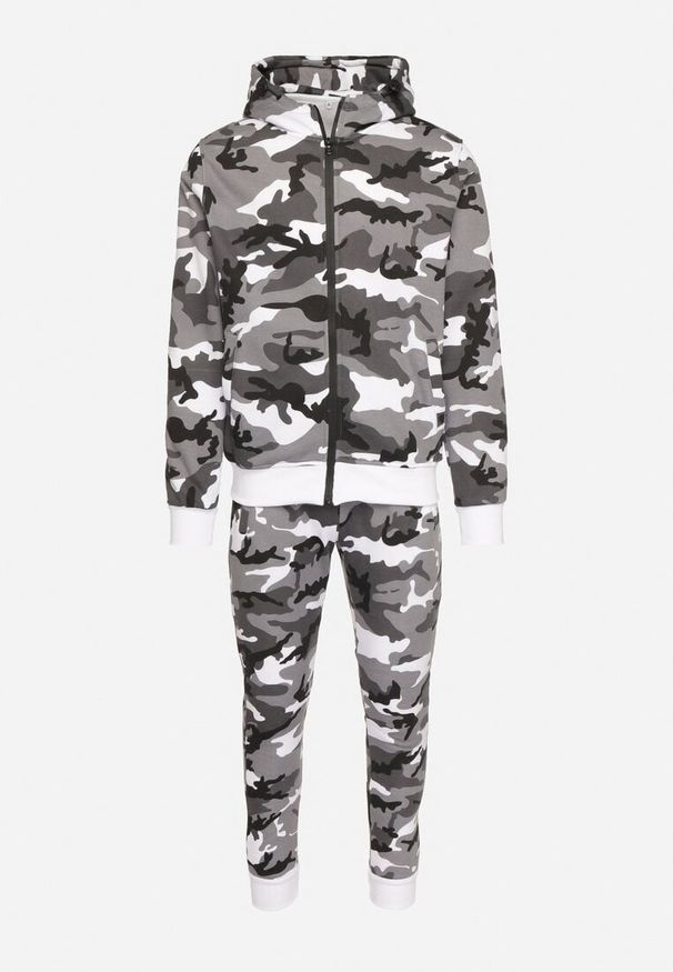 Born2be - Szary Komplet Dresowy Moro Rozpinana Bluza z Kapturem Spodnie ze Ściągaczami Rotita. Kolor: szary. Materiał: dresówka. Wzór: moro