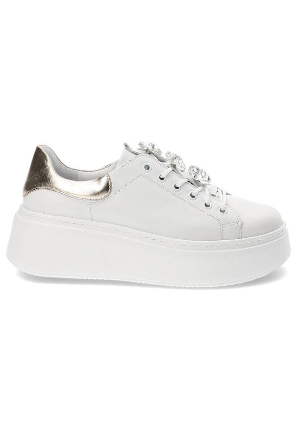 DAMISS - Białe Sneakersy Damiss Modne Skórzane Buty. Okazja: na spacer. Kolor: biały. Materiał: skóra. Szerokość cholewki: normalna. Wzór: kolorowy, aplikacja, jednolity
