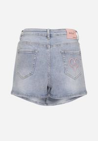 Born2be - Niebieskie Spódnico-Spodenki Jeansowe z Bawełną i Wysokim Stanem Ozdobione Haftem Serca Tinarias. Stan: podwyższony. Kolor: niebieski. Materiał: bawełna, jeans. Długość: krótkie. Wzór: haft, aplikacja. Styl: elegancki, wizytowy #3