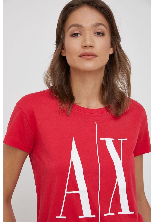 Armani Exchange t-shirt bawełniany kolor czerwony. Kolor: czerwony. Materiał: bawełna. Długość rękawa: krótki rękaw. Długość: krótkie. Wzór: nadruk