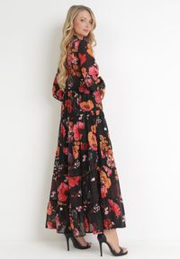 Born2be - Czarna Sukienka Doreris. Okazja: na co dzień. Kolor: czarny. Materiał: tkanina. Wzór: kolorowy, kwiaty. Typ sukienki: proste, koszulowe. Styl: klasyczny, casual. Długość: maxi #3