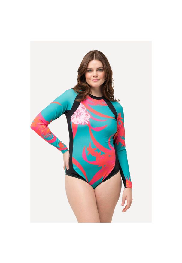 ULLA POPKEN - Damski Kostium kąpielowy UPF 50+ długi rękaw stójka bez miękkich miseczek. Kolekcja: plus size. Kolor: niebieski. Materiał: poliamid, materiał, elastan. Długość: długie