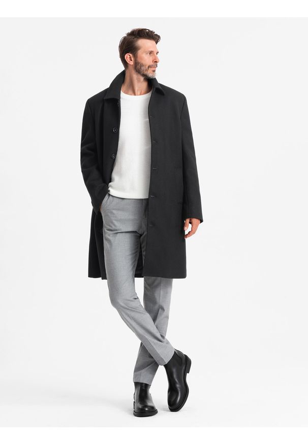Ombre Clothing - Męski długi jednorzędowy płaszcz z kołnierzykiem i podpinką – czarny V1 OM-COWC-0106 - XXL. Okazja: na co dzień. Typ kołnierza: komin, kołnierzyk koszulowy. Kolor: czarny. Materiał: poliester, materiał, wiskoza, syntetyk. Długość: długie. Wzór: jednolity. Styl: elegancki, wizytowy, casual