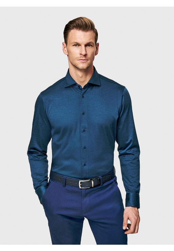 Pako Lorente - PAKO LORENTE - Granatowa dzianinowa koszula męska. Typ kołnierza: kołnierzyk włoski. Kolor: niebieski. Materiał: dzianina. Długość rękawa: długi rękaw. Długość: długie. Wzór: melanż