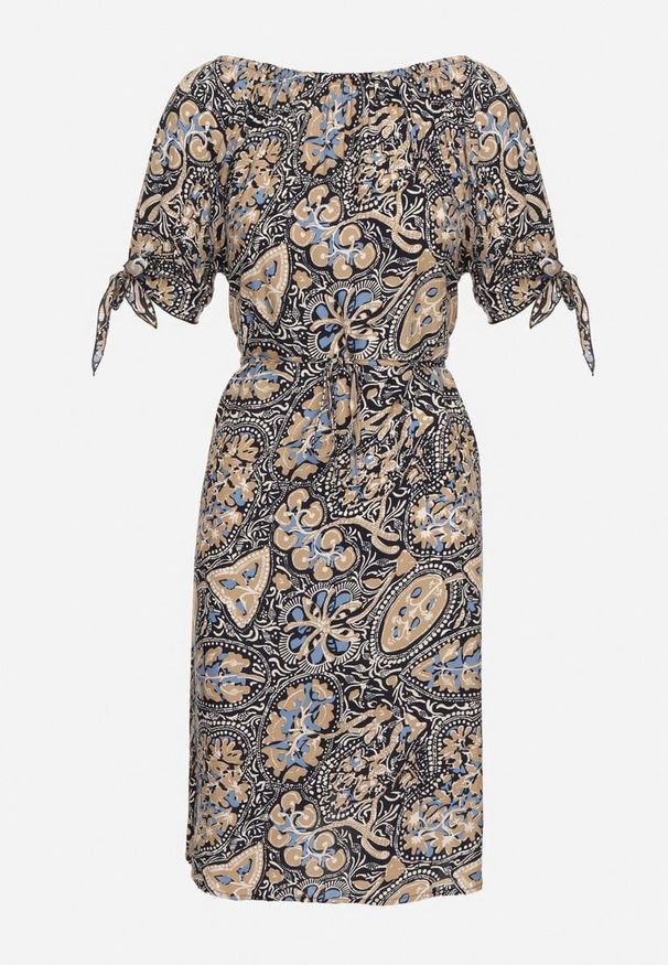 Born2be - Granatowa Sukienka z Bawełny z Okrągłym Dekoltem i Wiązaniem w Pasie Tosaria. Okazja: na co dzień. Kolor: niebieski. Materiał: bawełna. Sezon: lato. Styl: casual, elegancki