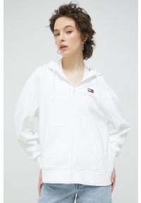 Tommy Jeans bluza bawełniana damska kolor biały z kapturem gładka. Typ kołnierza: kaptur. Kolor: biały. Materiał: bawełna. Wzór: gładki #1