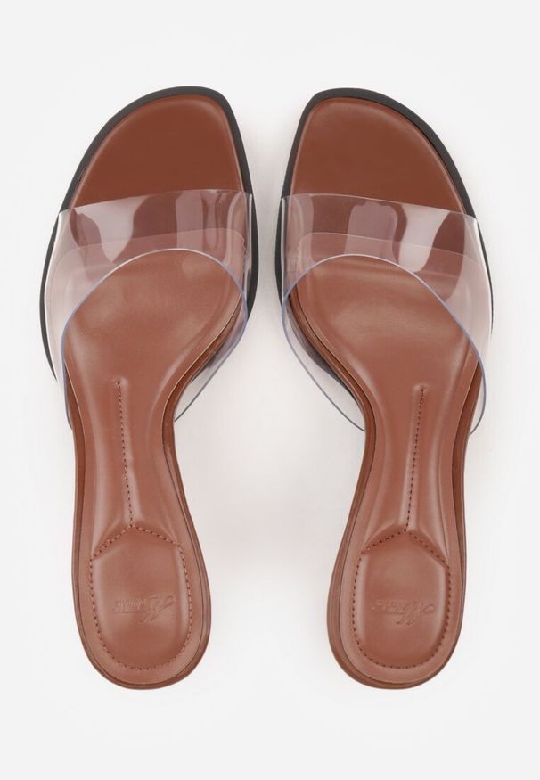 Renee - Brązowe Transparentne Klapki na Kaczuszce Helymna. Okazja: na co dzień. Kolor: brązowy. Materiał: jeans, skóra, koronka. Obcas: na szpilce. Styl: casual