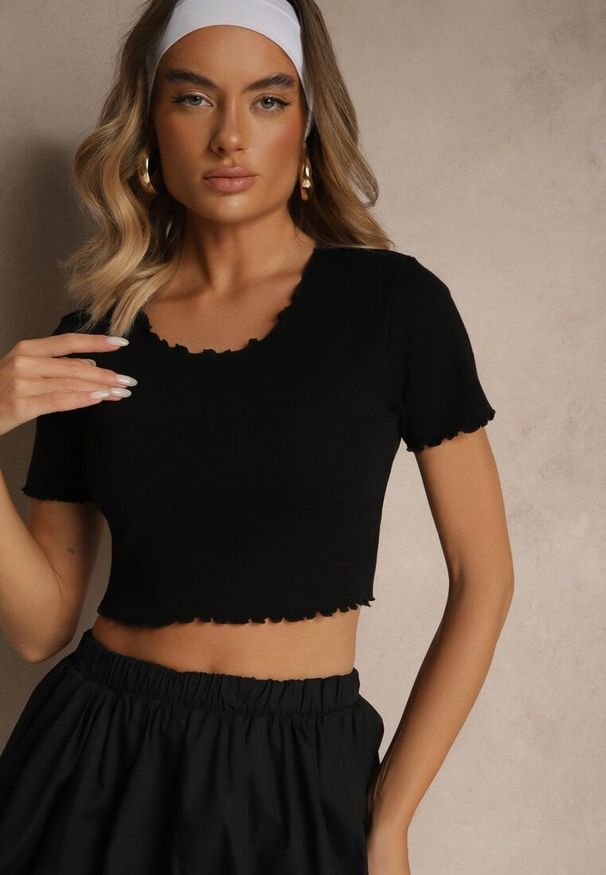 Renee - Czarny T-shirt z Bawełną z Prążkowanej Dzianiny Adlesse. Okazja: na co dzień. Typ kołnierza: dekolt w serek. Kolor: czarny. Materiał: bawełna, dzianina, prążkowany. Styl: casual