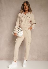 Renee - Beżowy Komplet Dresowy Cargo Bluza ze Stójką i Spodnie Jogger Litene. Kolor: beżowy. Materiał: dresówka. Sport: turystyka piesza