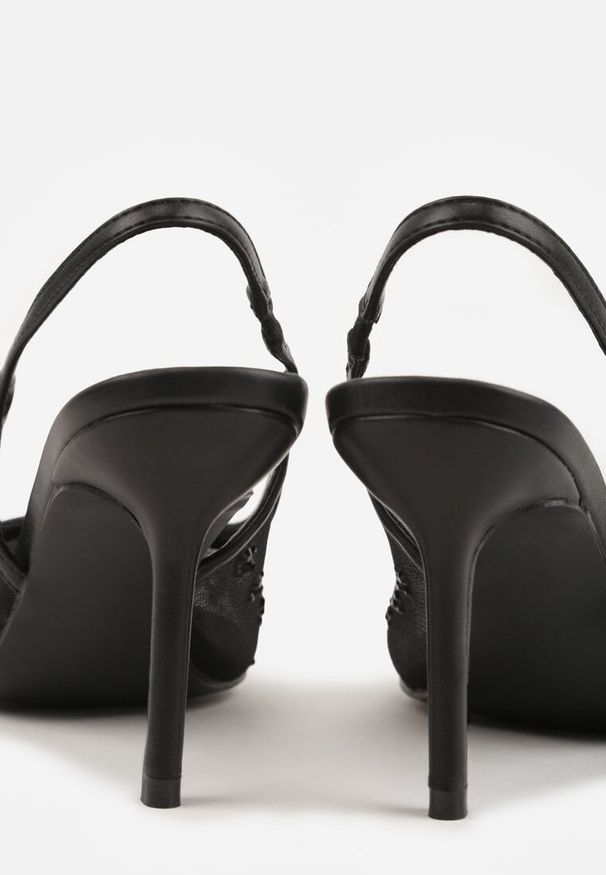 Born2be - Czarne Siateczkowe Sandały Slingback na Szpilce z Cyrkoniami Eshirvyn. Okazja: na randkę. Kolor: czarny. Materiał: jeans, satyna. Obcas: na szpilce. Styl: elegancki